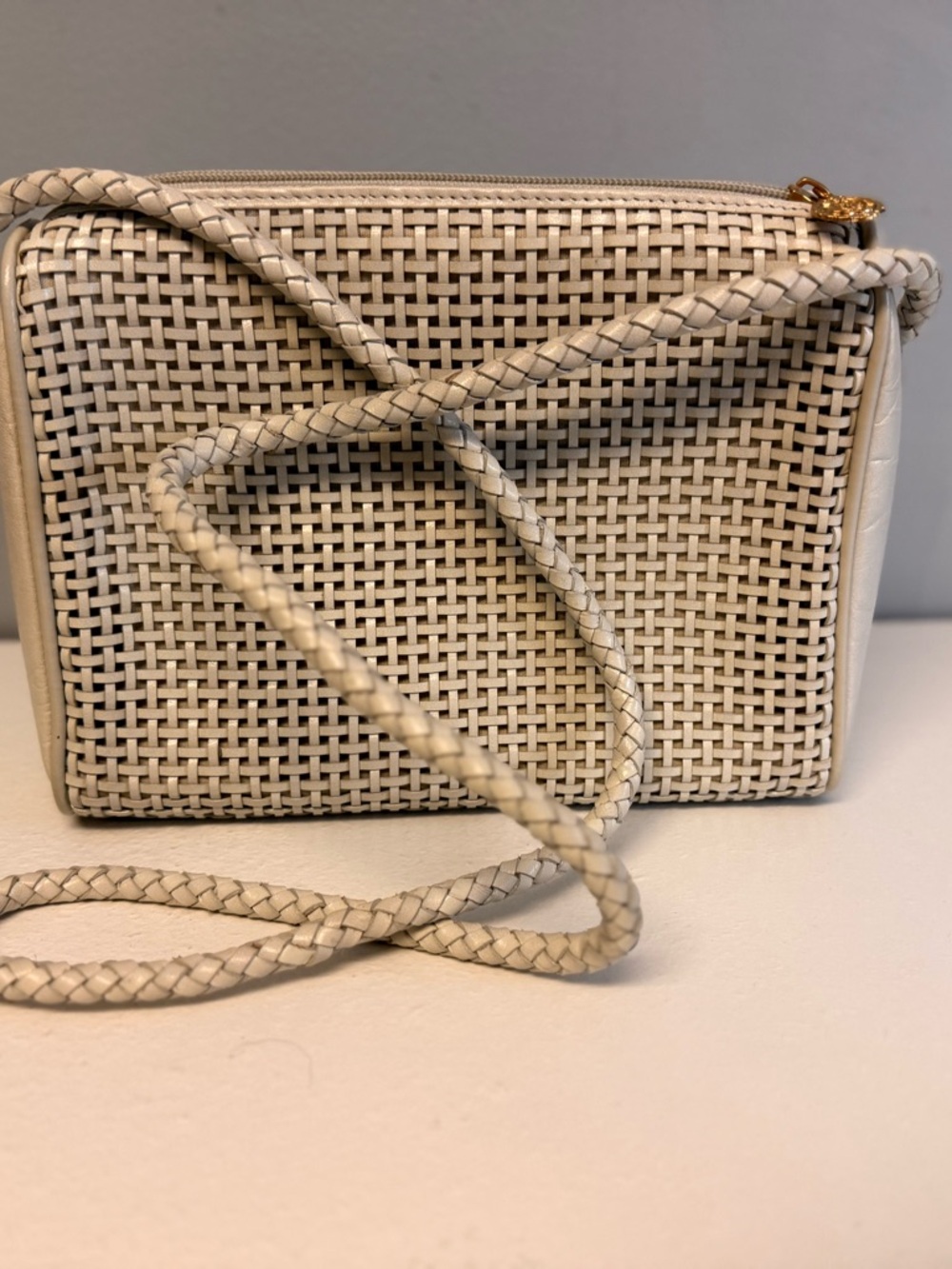 Vintage Medallion Collection White Woven Leather Crossbody Bag Braided Strap